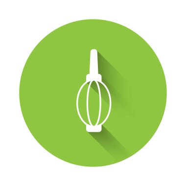 White Dust blower icon isolated with long shadow background. Air duster. Lens cleaner. Camera sensor cleaning. Green circle button. Vector.