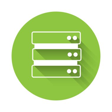 Beyaz Sunucu, Data, Web Sunucu simgesi uzun gölge arkaplanı ile izole edildi. Yeşil daire düğmesi. Vektör.