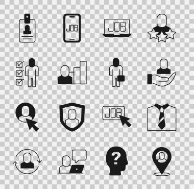 Set Worker location Tie Search job Productive human Resume Identification badge and Businessman icon. Vector.
