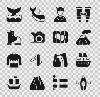 Set Kayak and paddle Cruise ship Volcano Viking head Photo camera Winter warm boot Whale tail and Map of Iceland icon. Vector.