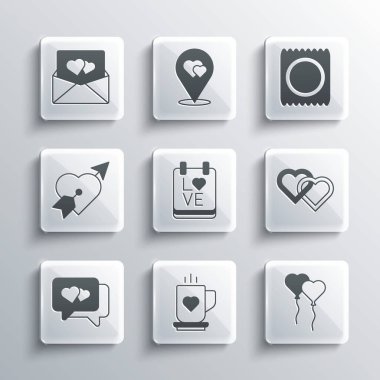Set Coffee cup and heart Balloons in form Two Linked Hearts Calendar with February 14 speech bubble Amour arrow Envelope Valentine and Condom package icon. Vector.