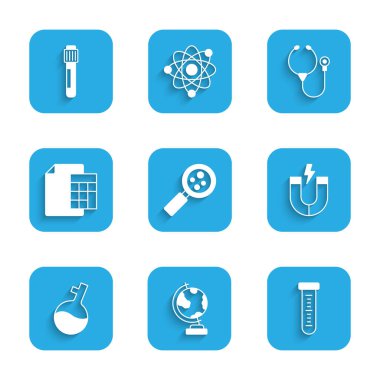 Set Microorganisms under magnifier Earth globe Test tube Magnet Calculator Stethoscope and icon. Vector.