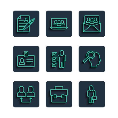 Set line Exchange work Briefcase Businessman Project team base Resume Identification badge and Magnifying glass for search job icon. Vector.