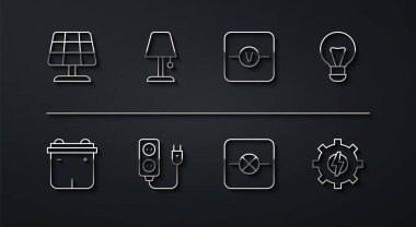 Set line Solar energy panel Car battery Creative lamp light idea Lamp in electronic circuit Electric extension Table Gear and lightning and Voltmeter icon. Vector.