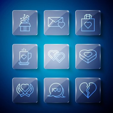 Set line Heart in hand Speech bubble text I love you Broken heart or divorce Shopping bag with Two Linked Hearts Coffee cup Gift box hearts and Candy shaped icon. Vector.