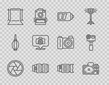 Set line Camera shutter Photo camera Battery for photo lens Empty studio and Action extreme icon. Vector.