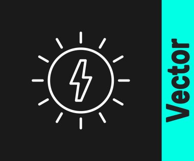 Beyaz çizgi güneş enerjisi simgesi siyah arkaplanda izole edildi. Yıldırım sembollü güneş. Vektör.