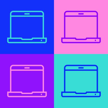 Pop sanat eseri dizüstü bilgisayar simgesi renk arkaplanında izole edildi. Boş ekran işaretli bilgisayar defteri. Vektör.