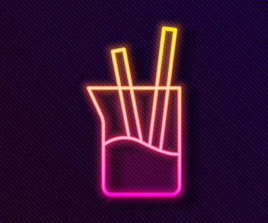 Parlayan neon çizgisi laboratuvar cam örtüsü ya da beher ikonu siyah arkaplanda izole edilmiş. Vektör.