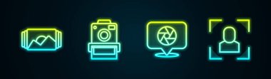 Set line Photo frame camera Camera shutter and focus line. Glowing neon icon. Vector.