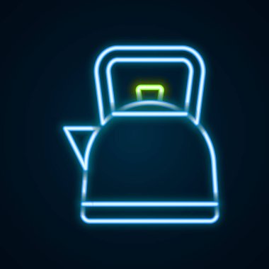 Siyah arka planda izole edilmiş kabza simgesi olan parlak neon çizgisi Kettle. Çaydanlık ikonu. Renkli taslak konsepti. Vektör