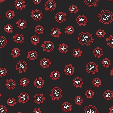 Line Stopwatch with percent discount icon isolated seamless pattern on black background. Time timer sign.  Vector