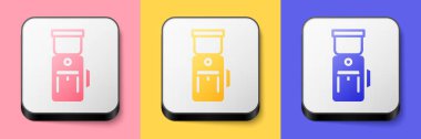 Isometric Electric coffee grinder icon isolated on pink, yellow and blue background. Square button. Vector