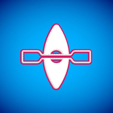 Mavi arka planda beyaz kano ve kürek ikonu izole edildi. Balıkçılık ve turizm için kano. Açık hava aktiviteleri. Vektör