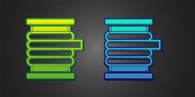 Green and blue Wire electric cable on a reel or drum icon isolated on black background.  Vector