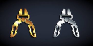 Gold and silver Pliers tool icon isolated on black background. Pliers work industry mechanical plumbing tool. Long shadow style. Vector