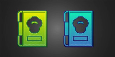 Siyah arkaplanda yeşil ve mavi yemek kitabı simgesi var. Yemek kitabı ikonu. Yemek tarifi kitabı. Çatal ve bıçak ikonları. Çatal bıçak sembolü. Vektör