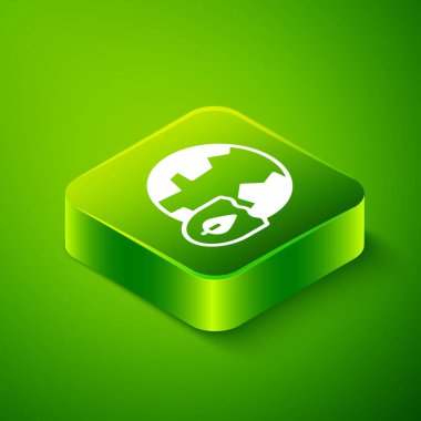 Isometric Earth with shield icon isolated on green background. Insurance concept. Security, safety, protection, privacy concept. Green square button. Vector