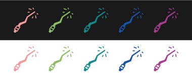 Sihirli değnek simgesini siyah ve beyaz arkaplanda izole et. Yıldız şeklinde sihirli aksesuar. Sihirli güç. Mutlu Cadılar Bayramı Partisi. Vektör