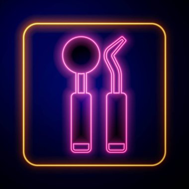 Glowing neon Dental inspection mirror and probe icon isolated on black background. Explorer scaler. Tool dental checkup.  Vector