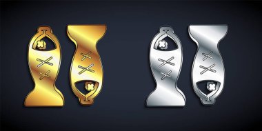 Siyah arka planda izole edilmiş bir tabak ikonunda altın ve gümüş servis edilen balık. Uzun gölge tarzı. Vektör