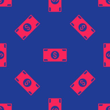 Kırmızı Yığınlar kağıt para para ikonu mavi arka planda kusursuz desen izole. Para desteleri. Para birimi. Vektör