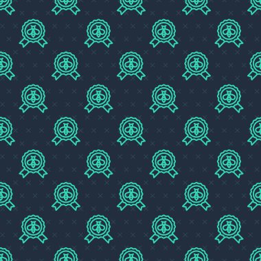 Green line Best bee icon isolated seamless pattern on blue background. Sweet natural food. Honeybee or apis with wings symbol. Flying insect.  Vector