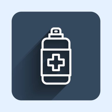 White line Bottle of liquid antibacterial soap with dispenser icon isolated with long shadow background. Antiseptic. Disinfection, hygiene, skin care. Blue square button. Vector