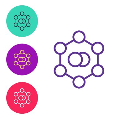 Molekül simgesini beyaz arkaplanda izole et. Kimya moleküllerinin yapısı, fen öğretmenlerinin yenilikçi eğitim posteri. Simgeleri renklendirin. Vektör