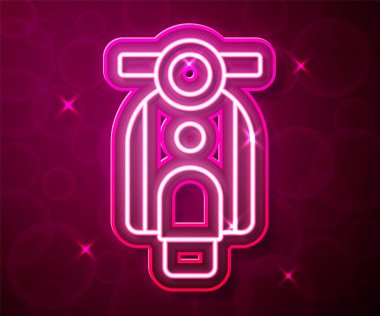 Parlayan neon çizgisi Scooter simgesi kırmızı arkaplanda izole edildi. Vektör