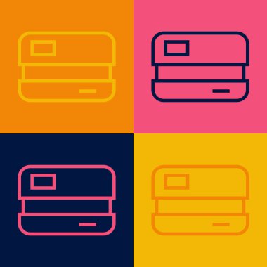 Pop sanat çizgisi kredi kartı simgesi renk arkaplanında izole edildi. Çevrimiçi ödeme. Nakit çekilmesi. Finansal operasyonlar. Alışveriş tabelası. Vektör