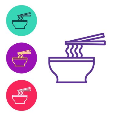 Beyaz arka planda Asya erişteleri ve yemek çubukları ikonu var. Sokak yemeği. Kore, Japon, Çin yemekleri. Simgeleri renklendirin. Vektör