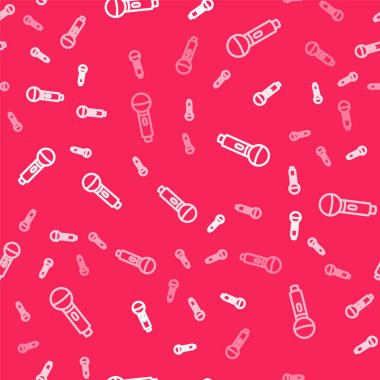 Beyaz çizgi mikrofon simgesi kırmızı arkaplanda kusursuz desen izole etti. Radyodaki mikrofondan. Sözcü işareti. Vektör