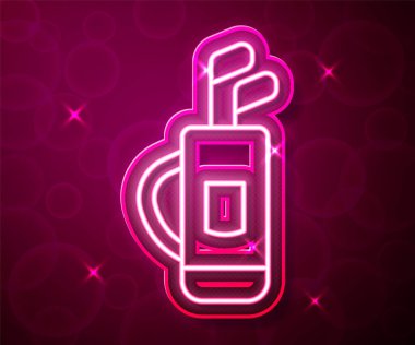 Glowing neon line Golf bag with clubs icon isolated on red background.  Vector