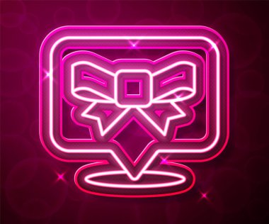 Parlayan neon hattı hediye yay simgesi kırmızı arkaplanda izole edildi. Vektör