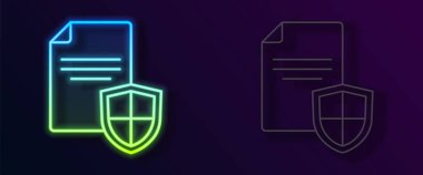 Parlayan neon hattı sözleşmesi ve siyah arkaplanda izole edilmiş kalkan simgesi. Sigorta konsepti. Güvenlik, güvenlik, koruma, konsept koruma. Vektör