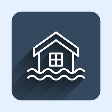 Beyaz çizgi ev sel ikonu uzun gölge arkaplan izole. Suyun altındaki evi sel basıyor. Sigorta konsepti. Güvenlik, güvenlik, koruma, konsept koruma. Mavi kare düğme. Vektör