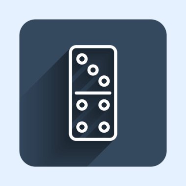 Beyaz çizgi Domino simgesi uzun gölge arkaplanı ile izole edildi. Mavi kare düğme. Vektör