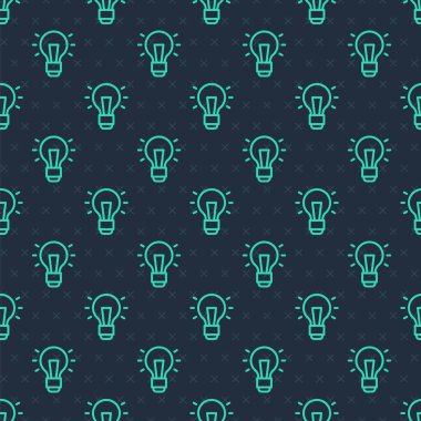 Fikir ikonu kavramına sahip yeşil çizgi ampulü mavi arkaplanda izole edilmiş pürüzsüz desen. Enerji ve fikir sembolü. İlham konsepti. Vektör