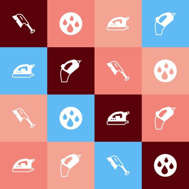 Set pop art Brush for cleaning, Water drop, Electric iron and Portable vacuum cleaner icon. Vector