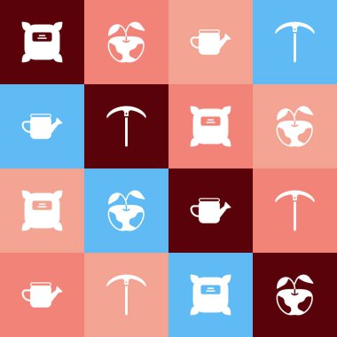 Set pop art Pack full of seeds, Apple, Watering can and Pickaxe icon. Vector
