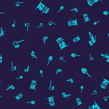 Set Wooden axe, Garden hose, Well and Shovel on seamless pattern. Vector