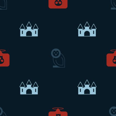 Set Skull, Owl bird and Castle on seamless pattern. Vector