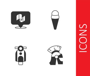 Set Roman army helmet, Flag Italy, Scooter and Ice cream in waffle icon. Vector