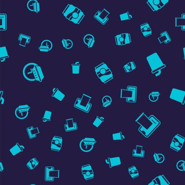 Set Round the clock delivery, Paper glass with water, Soda can and Food ordering on mobile on seamless pattern. Vector