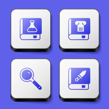 Set Chemistry book, History, Magnifying glass and Book about weapon icon. White square button. Vector