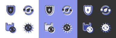 Set Solar energy panel, Shield with leaf, Shopping bag recycle and Electric saving plug icon. Vector