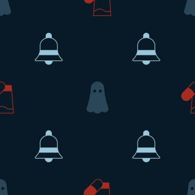 Set Sleeping pill, Ghost and Ringing bell on seamless pattern. Vector