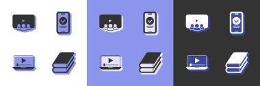 Set Book, Online class, play video and quiz, test, survey icon. Vector