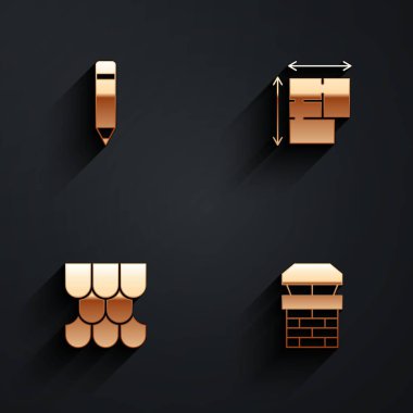 Set Pencil with eraser, House plan, Roof tile and Chimney icon with long shadow. Vector